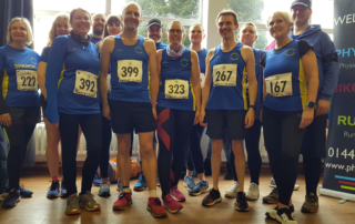 (L-R) Sharon Breward, Ruth Cowlin, Claire Rooke, Matthew Benson, Jodie Budd, James Wood, Brian Bloomfield, Jenny Merry, Michelle Holland, Thierry Pennec, Claire Fradley, Sue Crawte and Steve Roberts ready to run the Tarpley 10.
